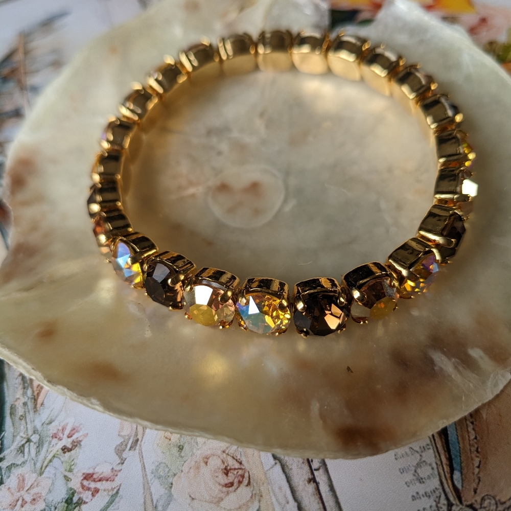 Swarovski Elements Smokey Topaz Crystals Stretchy Bracelet in Gold - Picture 5 of 6